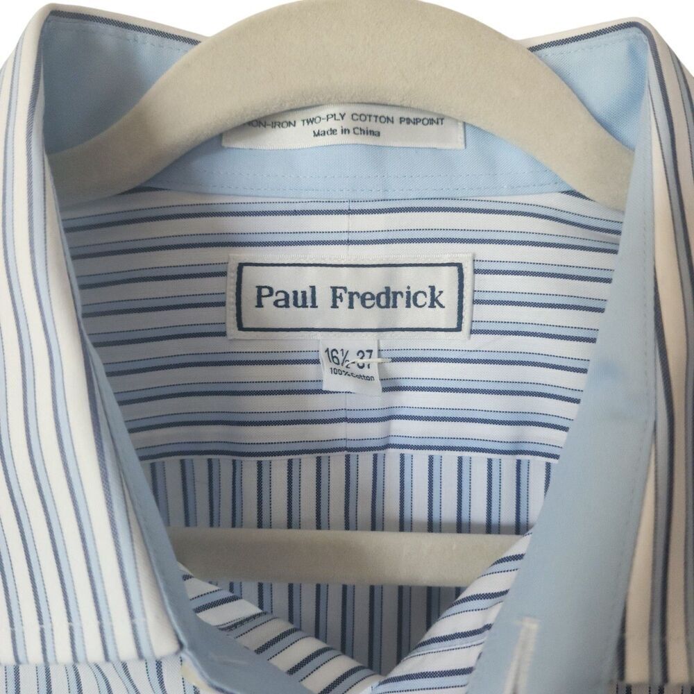 Paul Frederick 100% Cotton White Blue Striped Button Down Shirt Mens 16.5 - 37 - Picture 7 of 11